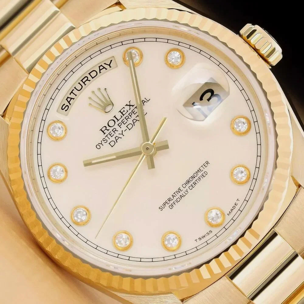 ROLEX MENS DAY-DATE CREAM DIAMOND DIAL 18K GOLD PRESIDENT WATCH BOX TAG